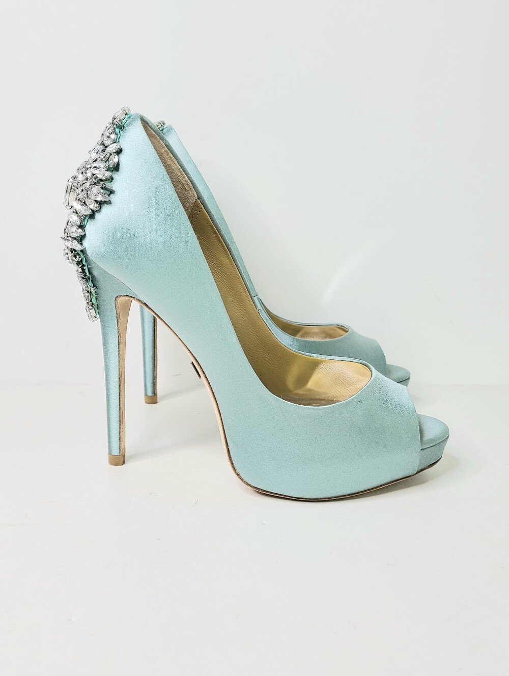 Badgley Mischka Beaded Rhinestone Mint Green Satin Platform Peep Toe Pumps